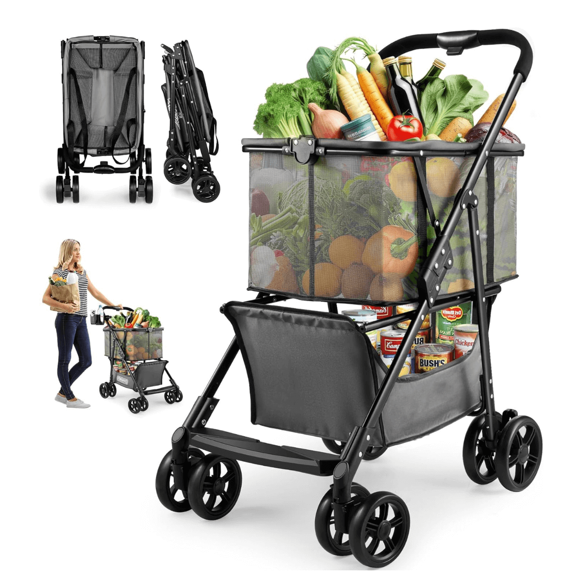 Grocery Shopping Cart Folding Carts With Wheels 80lbs Personal For Home