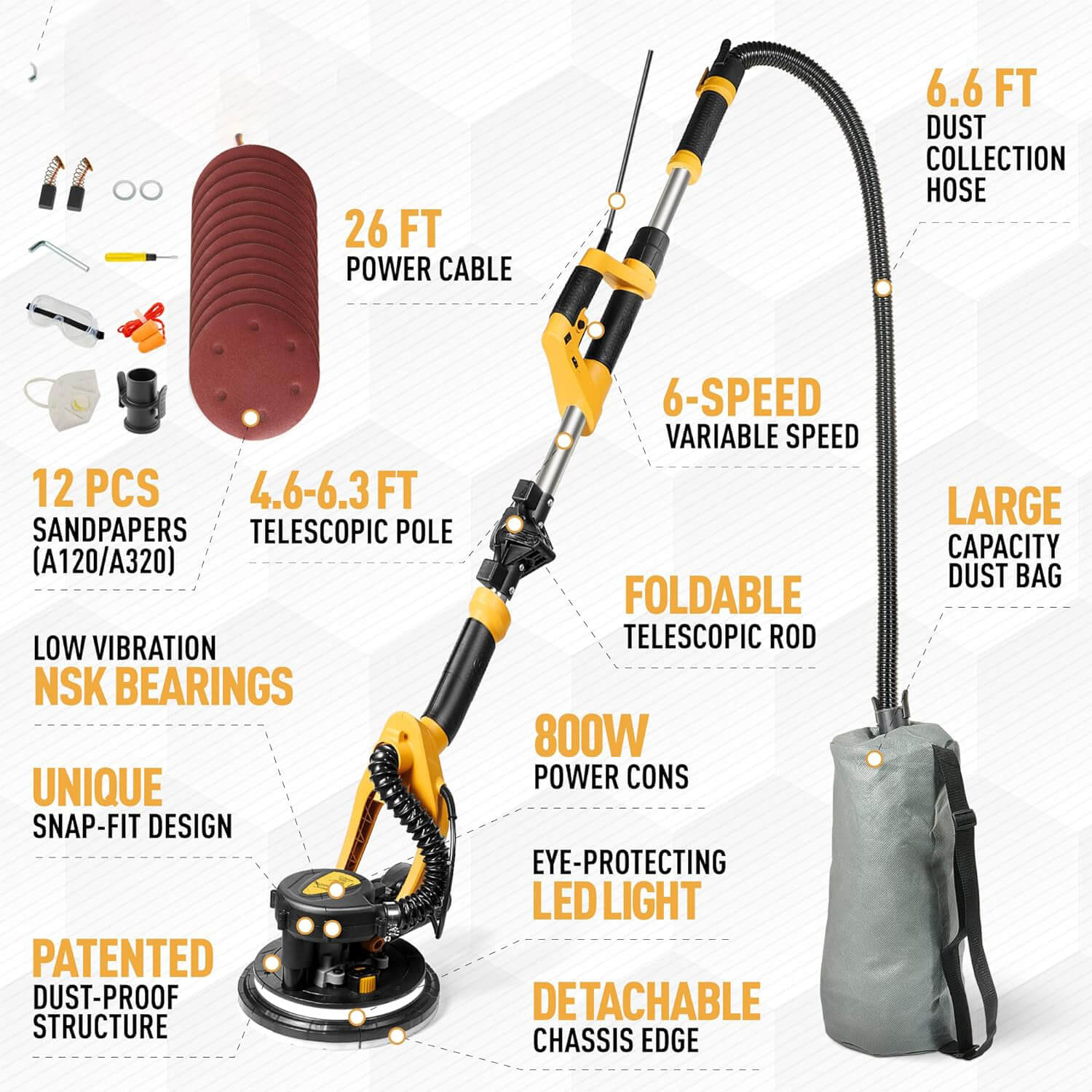 Electric Sander Drywall Sander with Vacuum for Floor Ceiling Popcorn 500-1800Rpm