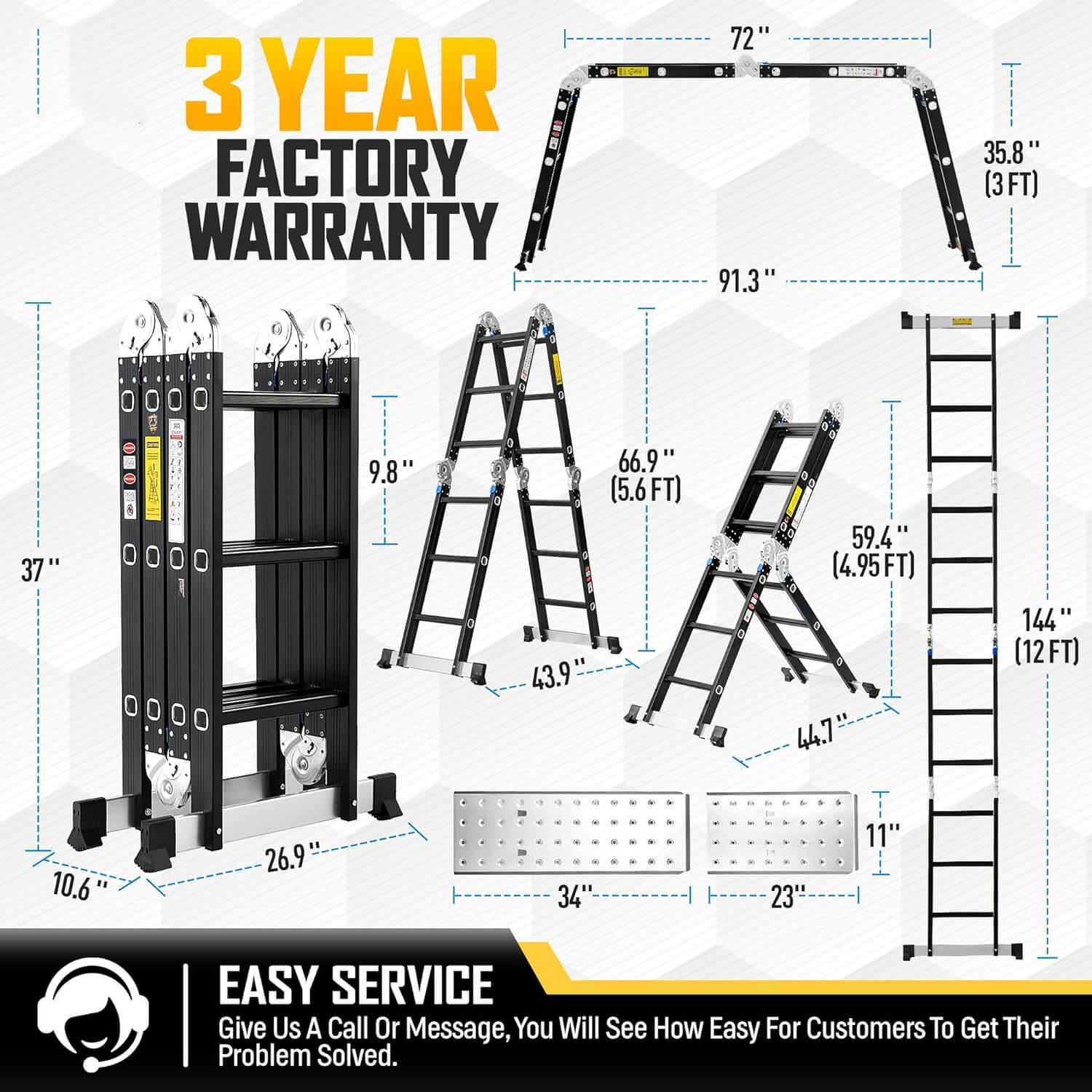 12 Ft Ladder Extensionladder Aluminum Step Ladder Folding 7 In 1 Ladder