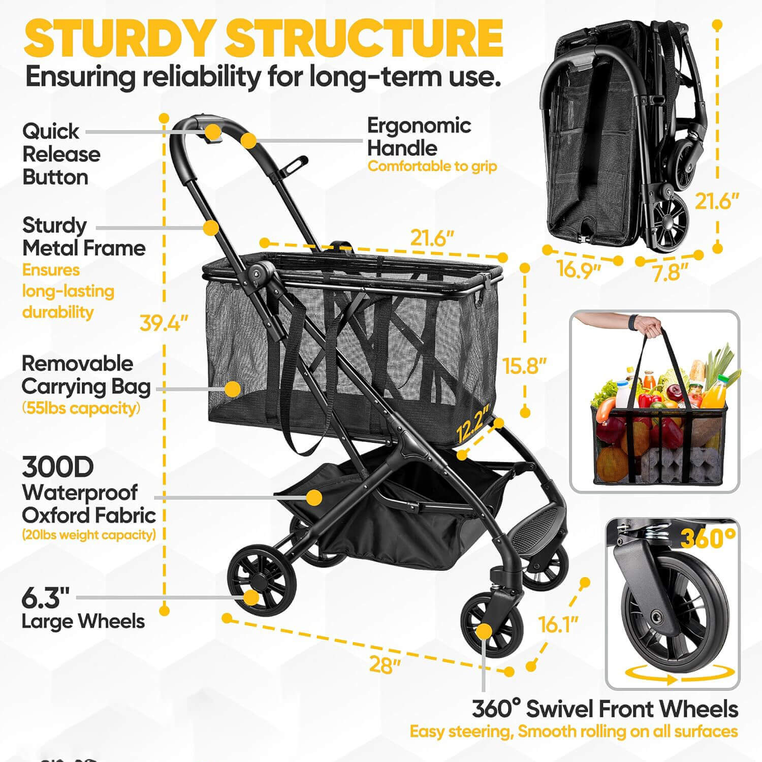 75lbs Shopping Cart Triple Folding Carts With Wheels Grocery Cart For Home