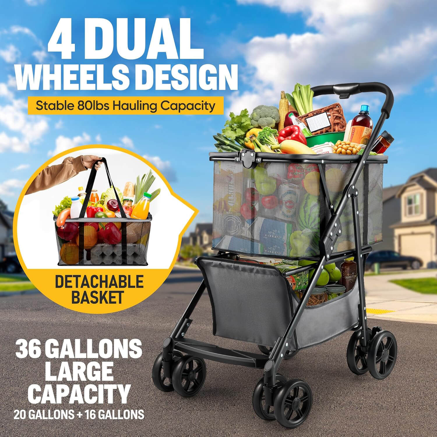 Grocery Shopping Cart Folding Carts With Wheels 80lbs Personal For Home