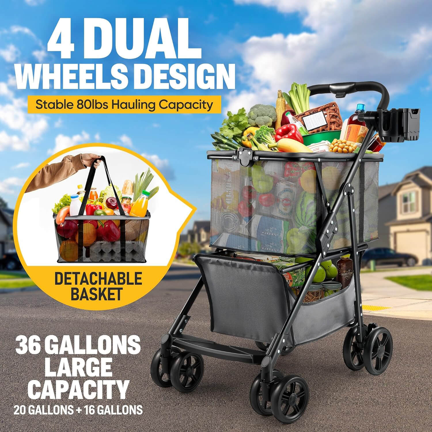 Grocery Shopping Cart Folding Carts With Wheels 80lbs Personal For Home