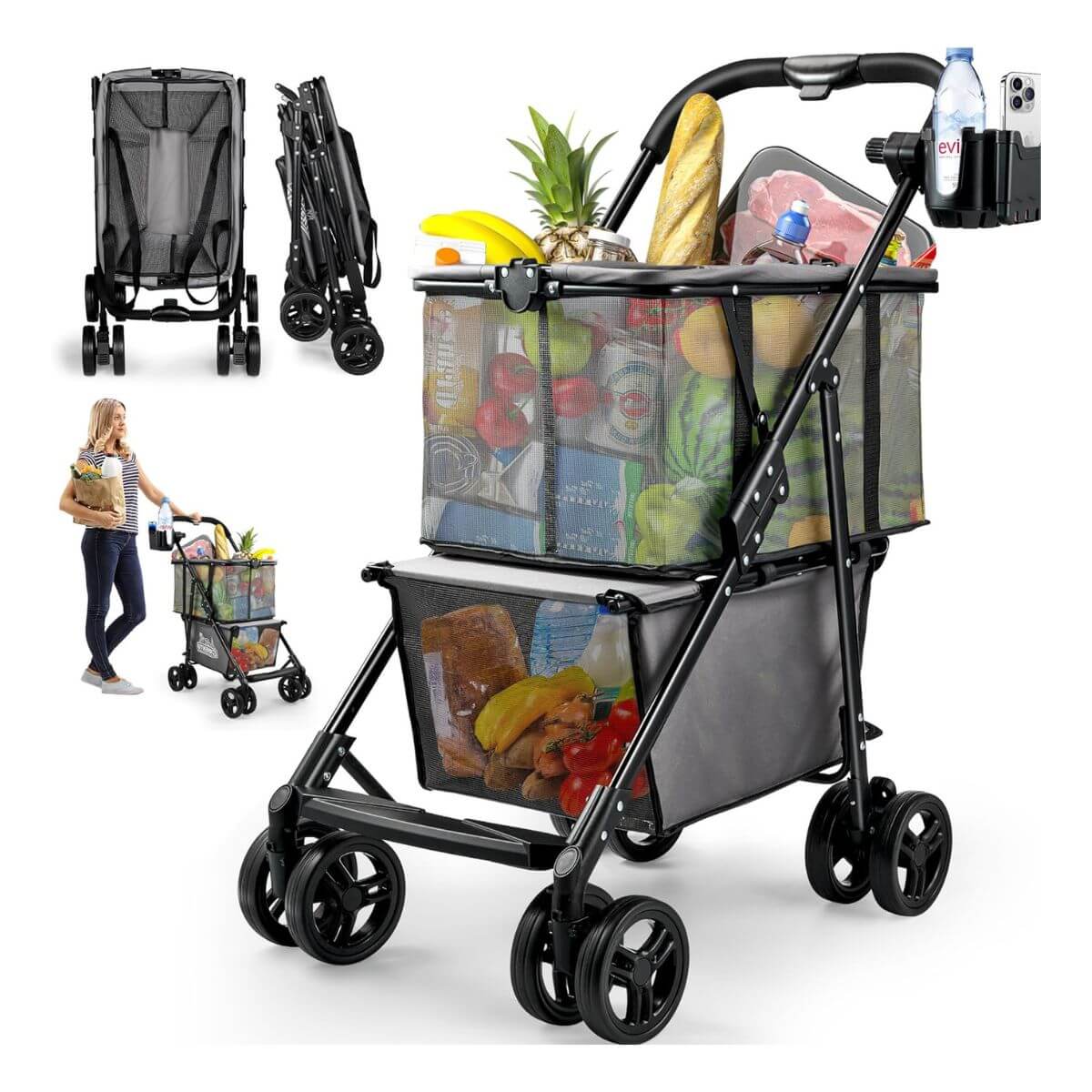 Folding Shopping Cart with Wheels, 80lbs Multi Use Grocery Carts with ...