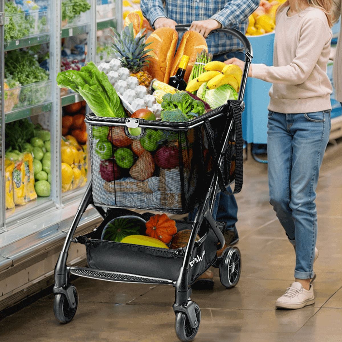 75lbs Shopping Cart Triple Folding Carts With Wheels Grocery Cart For Home